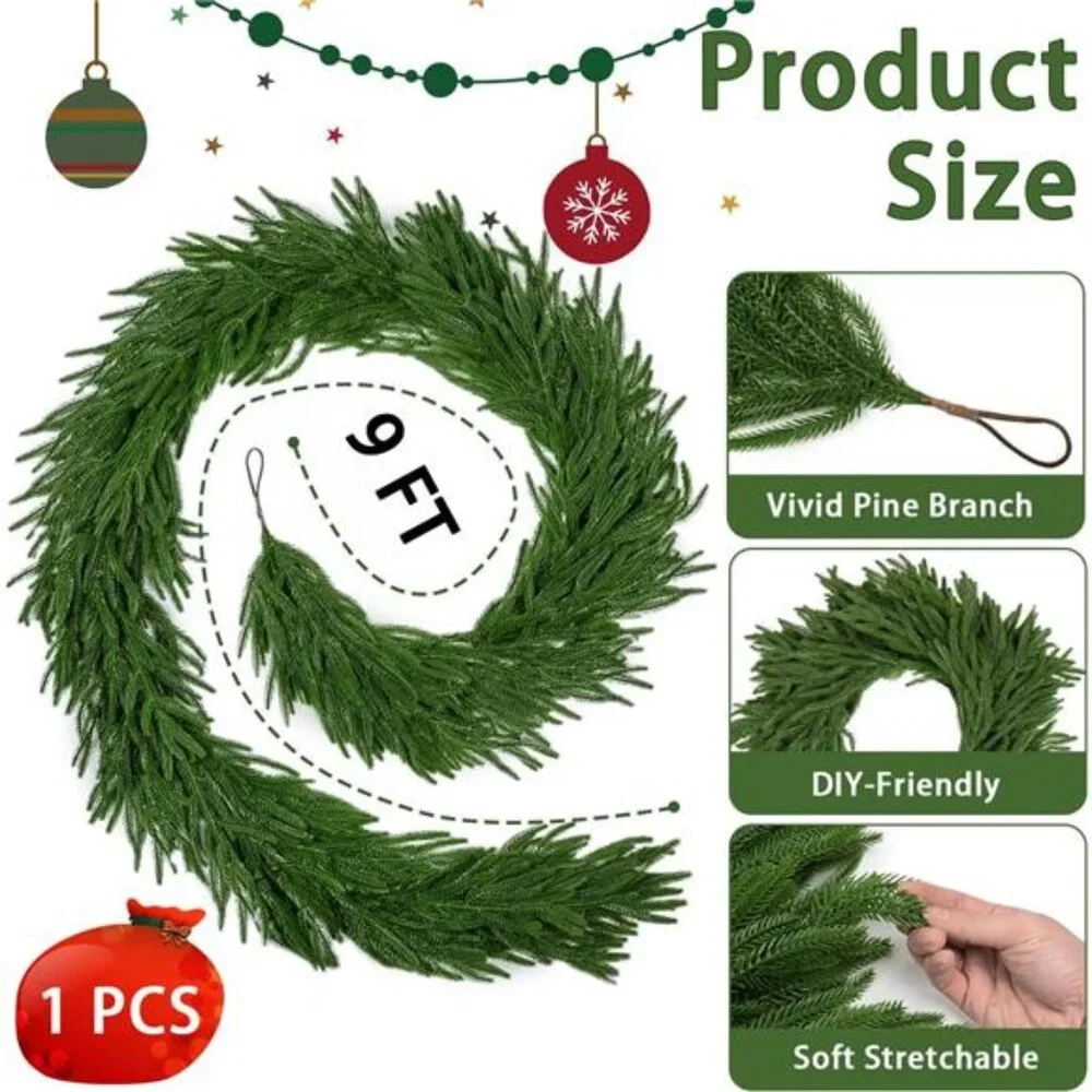 9 FT Artificial Norfolk Pine Garlands, Realistic Christmas Greenery Garland